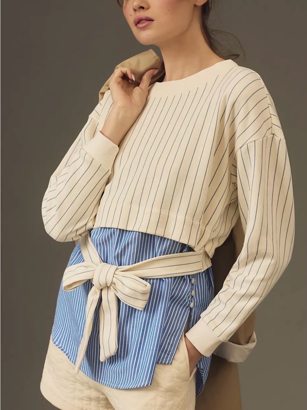 By Anthropologie French Terry Twofer Sweatshirt Striped Tie Waist